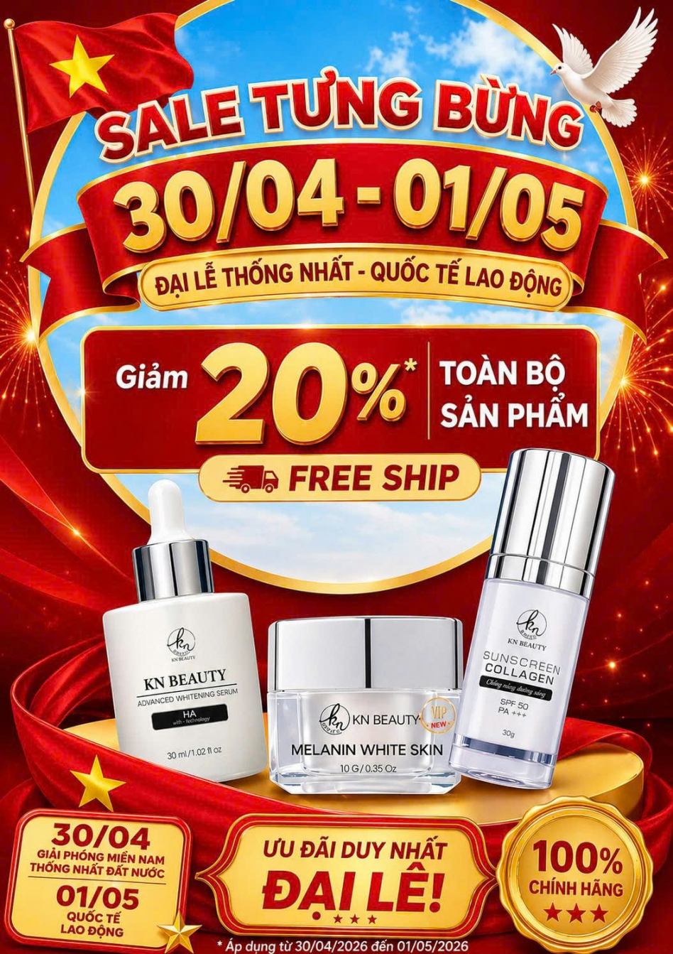 Giảm 20% Tất Cả Sản Phẩm Mừng Lễ 30/4 - 1/5 Tại KN Beauty